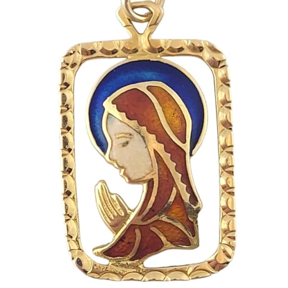 14K Yellow Gold Enamel Virgin Mary Pendant #16377